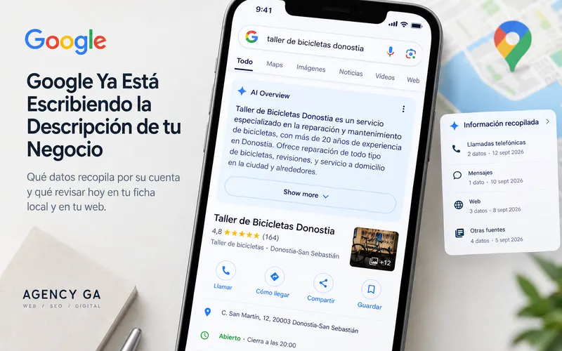Pantalla de móvil mostrando la ficha de Google de un negocio local con un resumen generado por IA