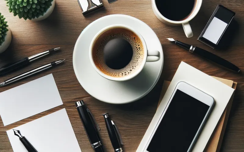 Una disposición ordenada de artículos de oficina sobre una mesa de madera, incluyendo una taza de café, bolígrafos, tarjetas de presentación, un teléfono móvil y una pequeña planta verde.
