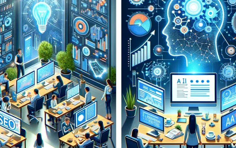 Equipo de una pequeña empresa trabajando en estrategias de SEO con la ayuda de tecnología de IA, rodeados de dispositivos digitales y gráficos analíticos.