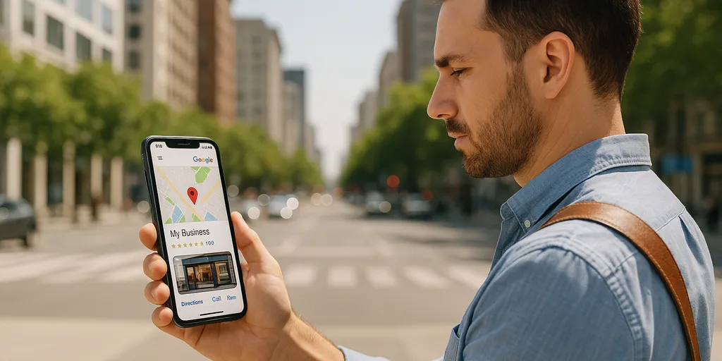 Persona consultando su negocio en Google Maps desde el móvil en una ciudad soleada