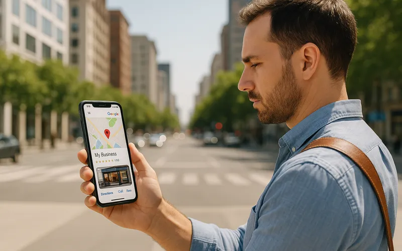 Persona consultando su negocio en Google Maps desde el móvil en una ciudad soleada