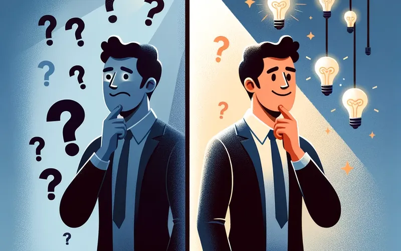 Imagen ilustrada de un hombre dividido en dos escenas: a la izquierda, pensativo y rodeado de signos de interrogación; a la derecha, sonriente con bombillas iluminadas sobre su cabeza, simbolizando ideas o soluciones.