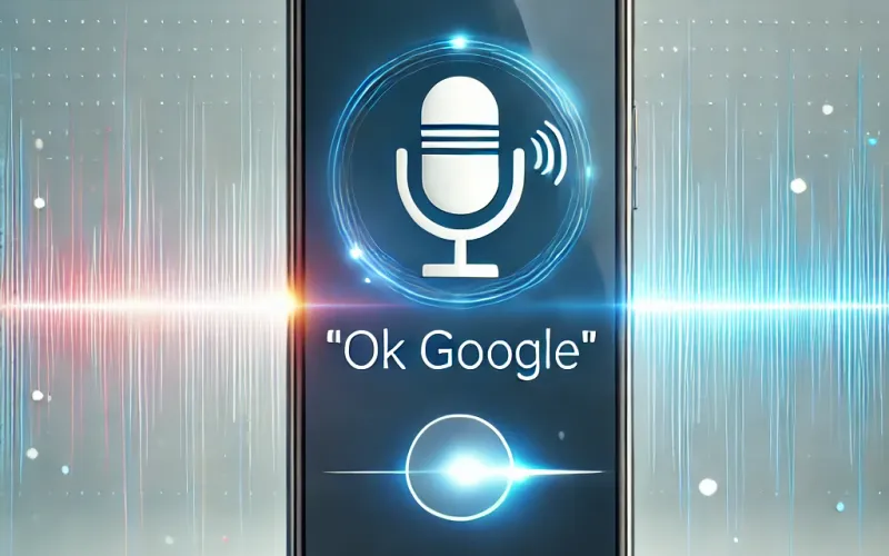 Dispositivo móvil mostrando un comando de búsqueda por voz, con ondas de sonido saliendo de un icono de asistente virtual como 'Ok Google' o 'Hey Siri'.
