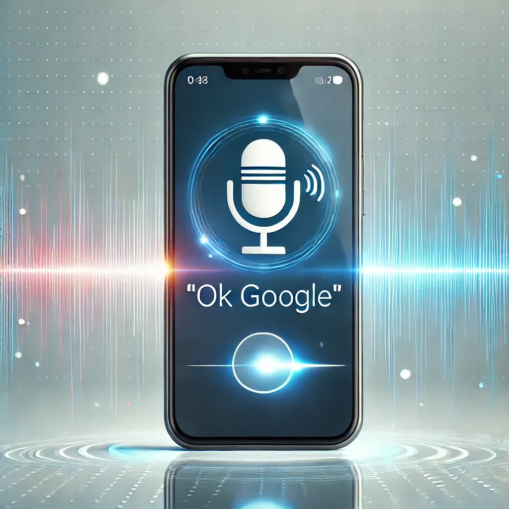 Dispositivo móvil mostrando un comando de búsqueda por voz, con ondas de sonido saliendo de un icono de asistente virtual como 'Ok Google' o 'Hey Siri'.