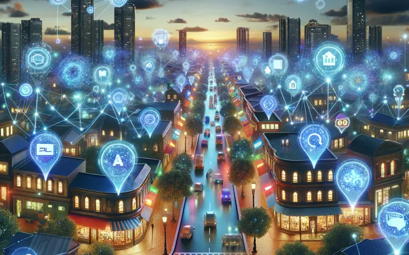 Vista aérea de una ciudad al atardecer con elementos digitales y de inteligencia artificial integrados sobre las calles y edificios tradicionales.