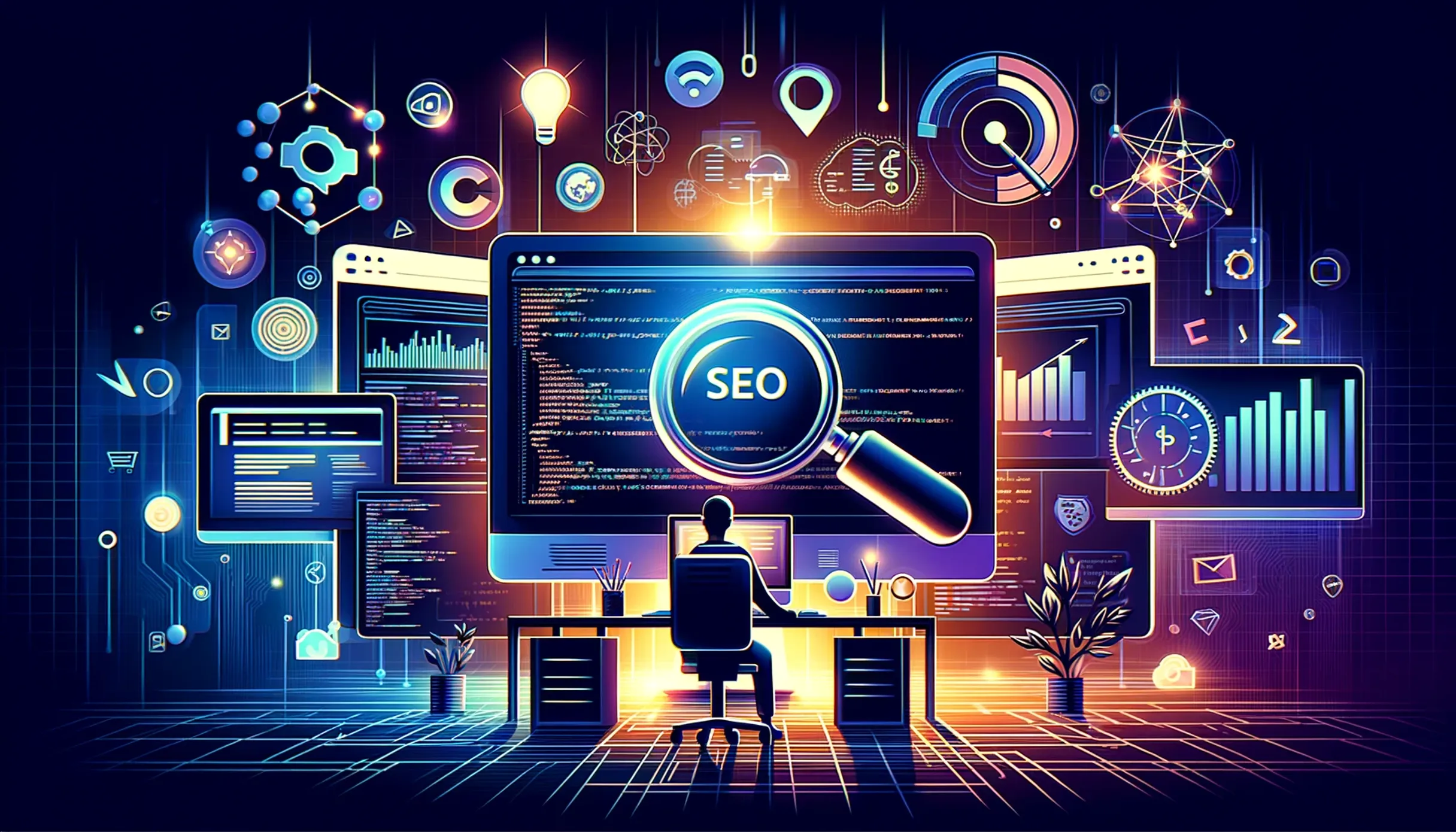 Ilustración de una persona analizando datos de SEO en múltiples pantallas, rodeado de iconos digitales, representando servicios de posicionamiento web en Donostia