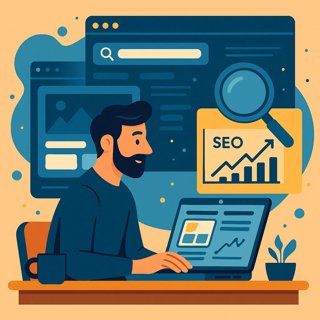 Ilustración de una persona sentada en un taburete utilizando una computadora portátil junto a símbolos grandes que representan el SEO, incluyendo una lupa sobre un monitor de computadora, engranajes y un gráfico de barras